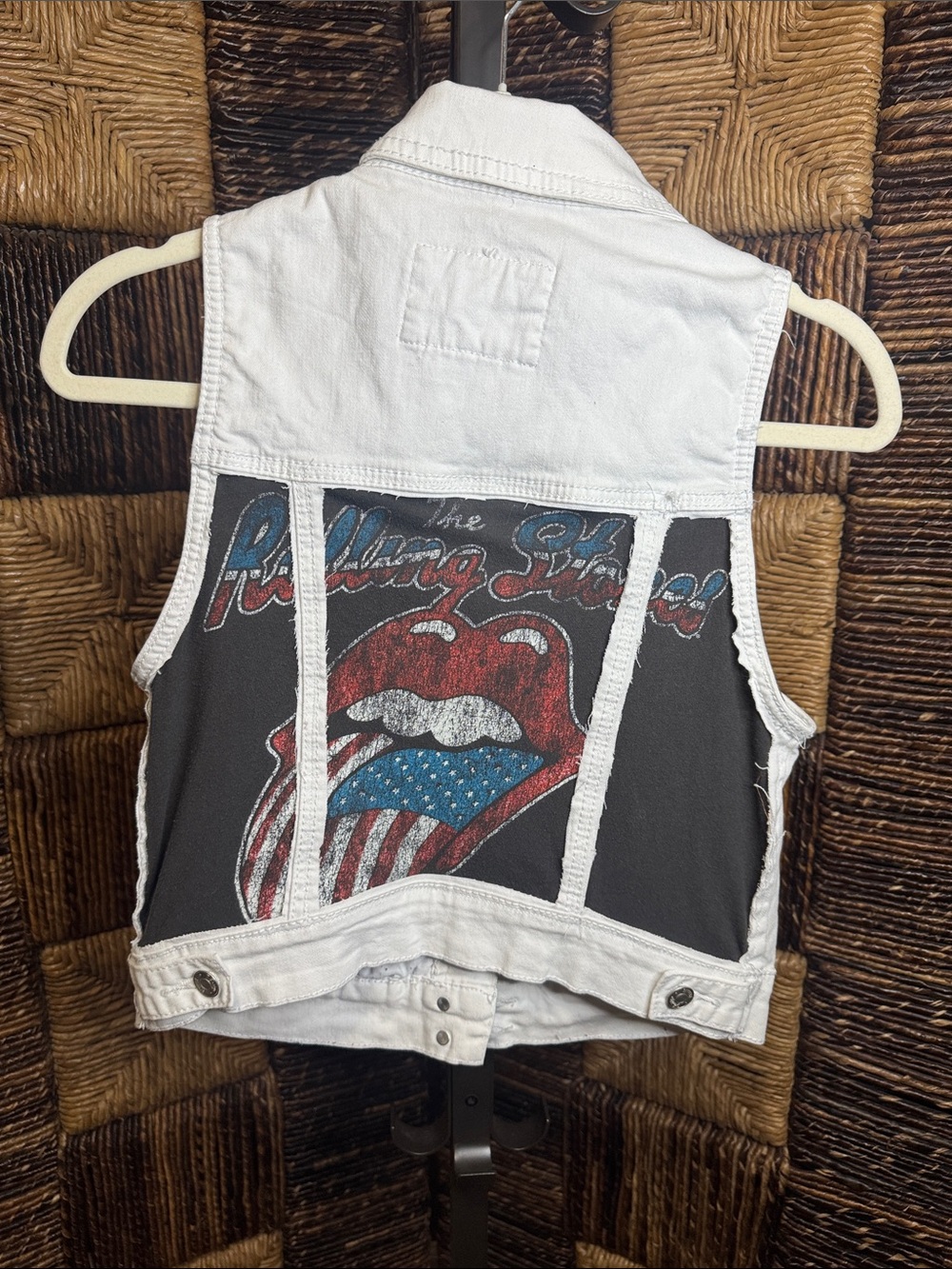 Upcycled Rolling Stones White Denim Vest with Red & Blue Accents